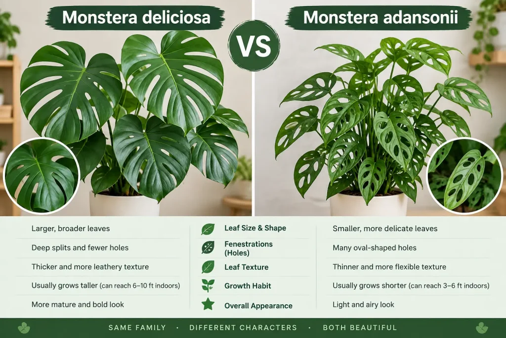 difference between monstera adansonii and monstera deliciosa